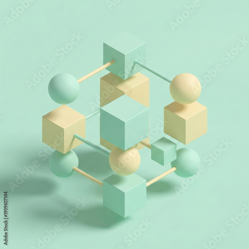 3D geometric shapes arranged in a minimalist style, with stands in mint and light yellow colors, soft lighting and shadows, giving a tidy and clean appearance, suitable for website backgrounds or prod