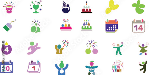 Colorful New Year Celebration with People and calendar