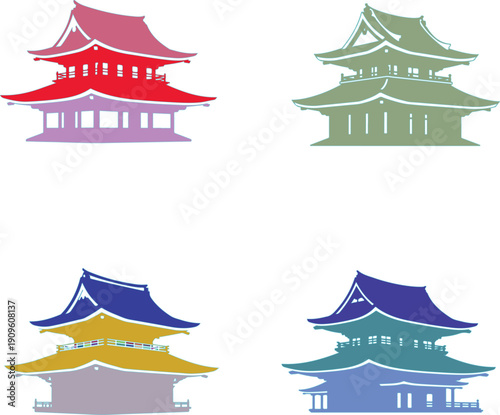 Four Colorful Japanese Pagodas traditional architecture