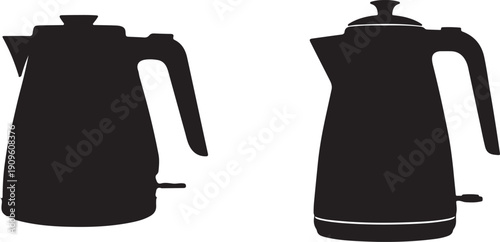 Two black kettles with handles and spouts silhouette
