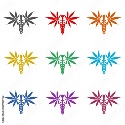 Medical Marijuana Plant Caduceus icon isolated on white background. Set icons colorful