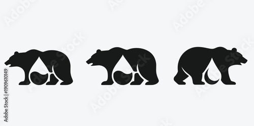 Three black silhouette bears walking on all fours with negative space forming teardrop shapes three bears