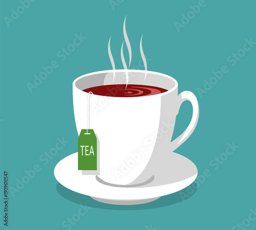 A steaming cup of tea with a green tag is presented on a white saucer