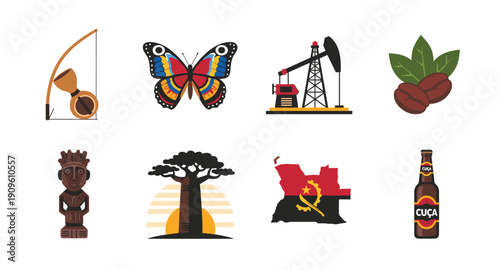 Collection of iconic symbols representing Angola's culture, nature, and industry