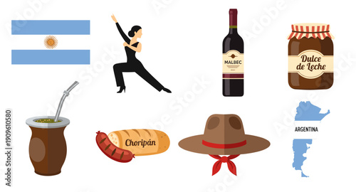 Iconic symbols of Argentina including flag, tango dancer, mate, wine, and food