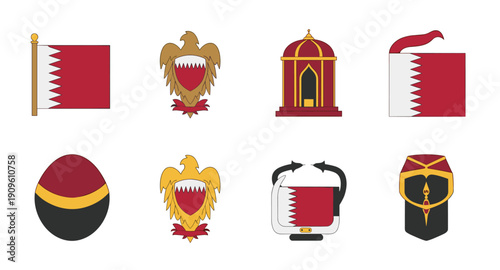 Collection of Bahraini national symbols and cultural icons in a flat design style