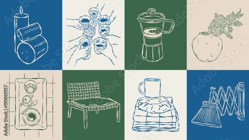 Dolce Vita sketch style vector illustration collection. Home decor, food, and beverage doodles. Art for postcards, print posters, packaging design.