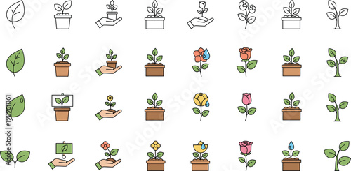 Set of plant growth icons and gardening vectors featuring green leaves potted seedlings flowers in hands and ecology symbols for sustainability environmental branding and organic business.