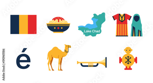 Chad country symbols and cultural icons collection with flag and camel