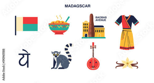 Madagascar Icons: Flag, Food, Baobab Avenue, Traditional Dress, Lemur, Music, and Vanilla