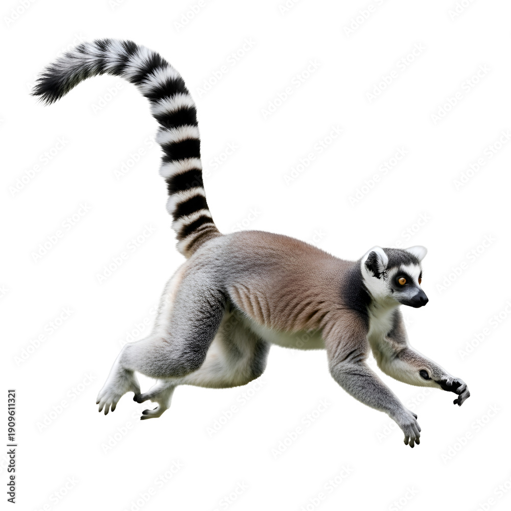 Fototapeta premium Dynamic Ring-tailed Lemur Leaping with Striped Tail on White Background , Isolated on Transparent Background 