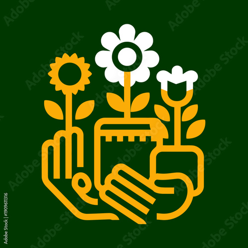 Graphic vector illustration of human hands nurturing blooming flowers and a potted plant, symbolizing gardening, growth, and nature care.