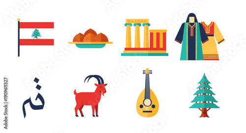 Lebanon cultural symbols flat icons collection with flag, food, architecture, clothing, goat, music, and tree