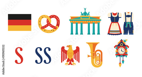 Collection of German cultural symbols and landmarks in a flat design style