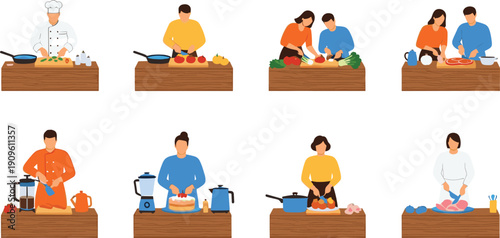 Collection of diverse male and female chefs and home cooks preparing food, chopping vegetables, baking cake, and brewing coffee for kitchen culinary vector illustration.