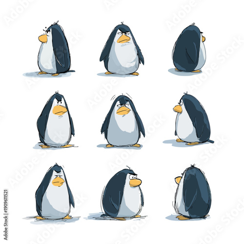 Collection of Cute Grumpy Cartoon Penguins with Various Funny Expressions and Poses on a White Background