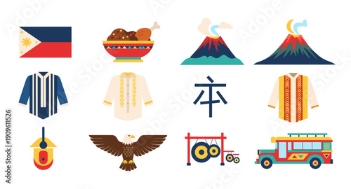 Collection of Philippine cultural icons and symbols in a flat design style
