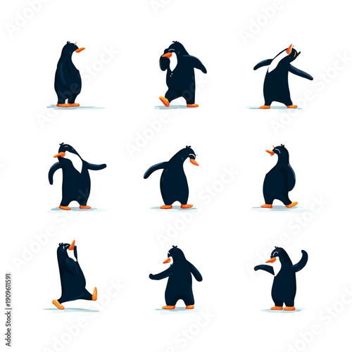 Cute cartoon penguins set in various poses and actions. Collection of funny and playful arctic bird characters, vector illustration.