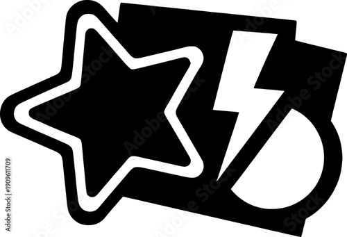 Comic book style vector element featuring a star and lightning bolt icon, black and white pop art graphic for explosive effects, gaming, and dynamic design compositions.