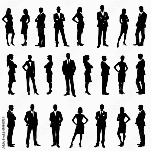 Business people silhouettes, group of standing business men and women 

