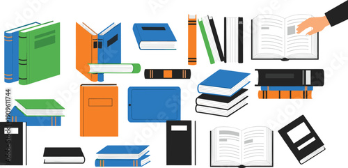 Large collection of book vector illustrations featuring open books, stacks, e-readers, and hardcovers for education, library, and digital reading concepts.