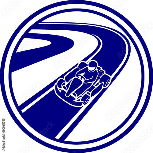 Blue circular emblem vector illustration of a go-kart racer on a track, featuring a stylized racing car and winding road for motorsport and recreational karting concepts.