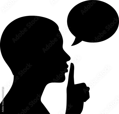 Black silhouette of a person making a quiet gesture with a finger on lips and an empty speech bubble, representing silence, secrecy, privacy, and confidential communication.