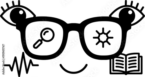 Conceptual vector illustration of a smiley face with eyeglasses featuring icons for magnifying glass, sun, book, and vision, representing optical health, smart technology, and learning.