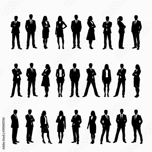 Business people silhouettes, group of standing business men and women 
