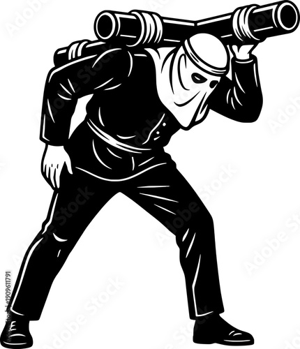 Vintage style black and white illustration of a masked warrior or ninja carrying heavy equipment on his shoulders. Strong male figure in tactical gear, retro comic art style.