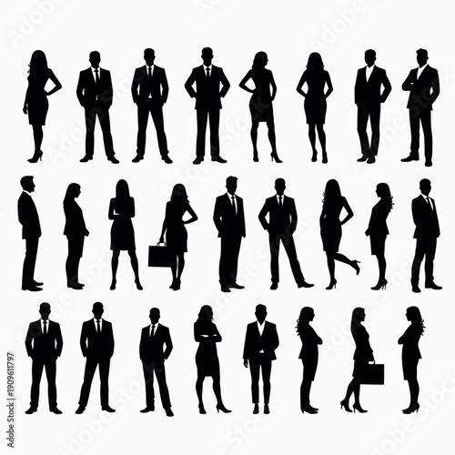 Business people silhouettes, group of standing business men and women 
