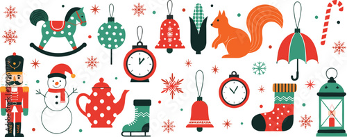 Large collection of Christmas holiday vector elements featuring nutcracker, snowman, rocking horse, squirrel, red bells, snowflakes, and festive winter decorations for seasonal greetings.