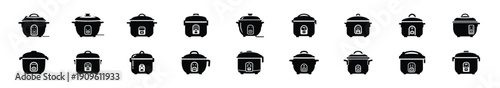 Collection of black   rice cooker silhouette isolated on white background. cooking vector illustration icons.