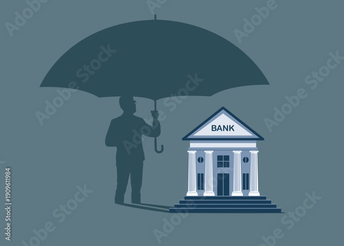 Bank house casting a shadow with businessman under umbrella. Business income protection. Flat modern vector illustration