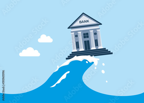 Surfing bank house. Opportunities in the economy and financial crisis. Challenge to overcome difficulty. Flat vector illustration