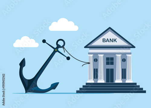 Bank with anchor. Hard work and struggle in business. Flat vector illustration