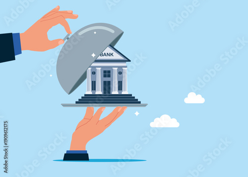 Open silver cloche to see bank. Savings. Business deals to achieve business goal. Modern vector illustration in flat style