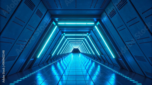 A long, glowing blue futuristic tunnel with intricate geometric patterns and bright neon lights.