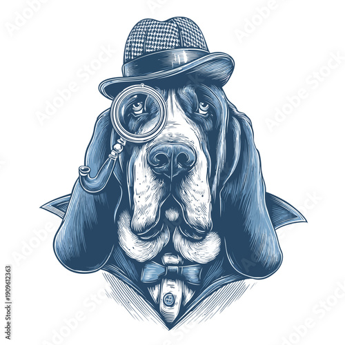 Sophisticated Basset Hound dog detective illustration with a vintage hat, monocle, and elegant bow tie on white background.