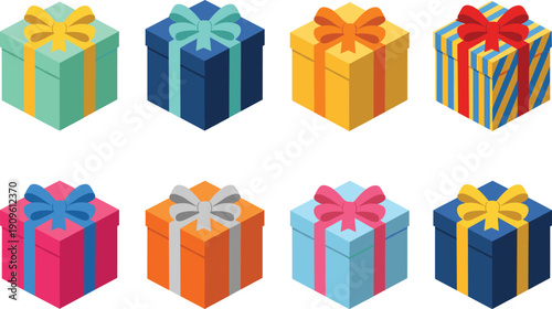 Set of Colorful Isometric Gift Boxes with Ribbons and Bows for Birthday Celebrations, Christmas Holidays, E-commerce Shopping Rewards, and Special Occasion Surprise Events