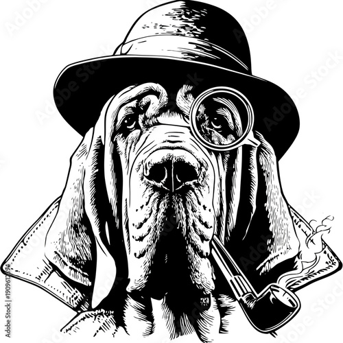 Black and White Bloodhound Dog Detective Illustration with Fedora Hat, Monocle, and Smoking Pipe. Elegant Canine Sleuth Vector Art.