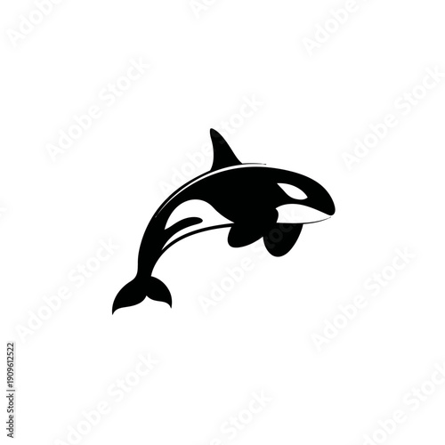 Stylized Orca Killer Whale Silhouette Graphic. Black and white marine mammal icon illustration for aquatic design projects.