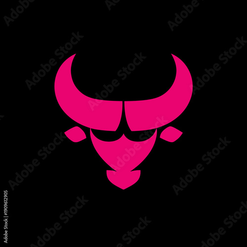 Striking Pink Bull Head Icon on Black. Modern Geometric Minimalist Design, Symbolizing Strength, Power, and Determination.