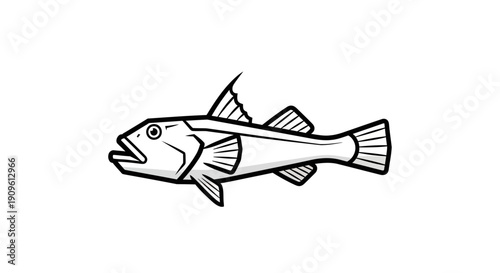 Black and white line drawing of a fish with fins and open mouth.