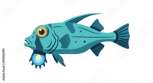 Illustration of a blue fish with a glowing lure on its head in deep sea.