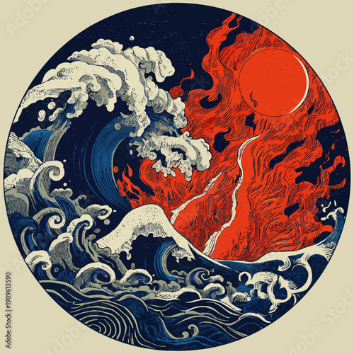 Dramatic circular illustration of colossal ocean waves crashing against intense flames and a fiery red sun, symbolizing nature's power and duality.
