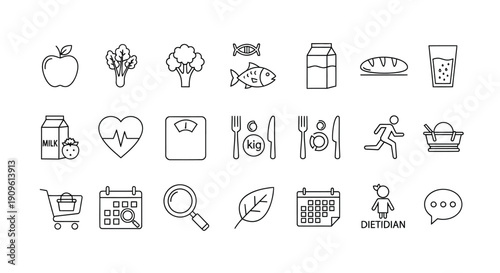 Collection of simple food health and lifestyle icons in black and white silhouette