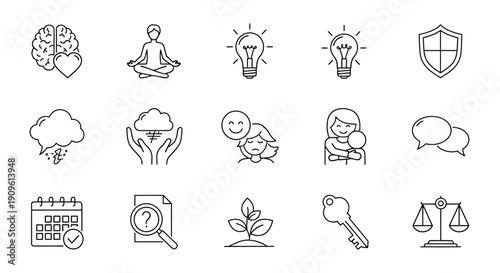 Mental health and well being icons in a linear style silhouette
