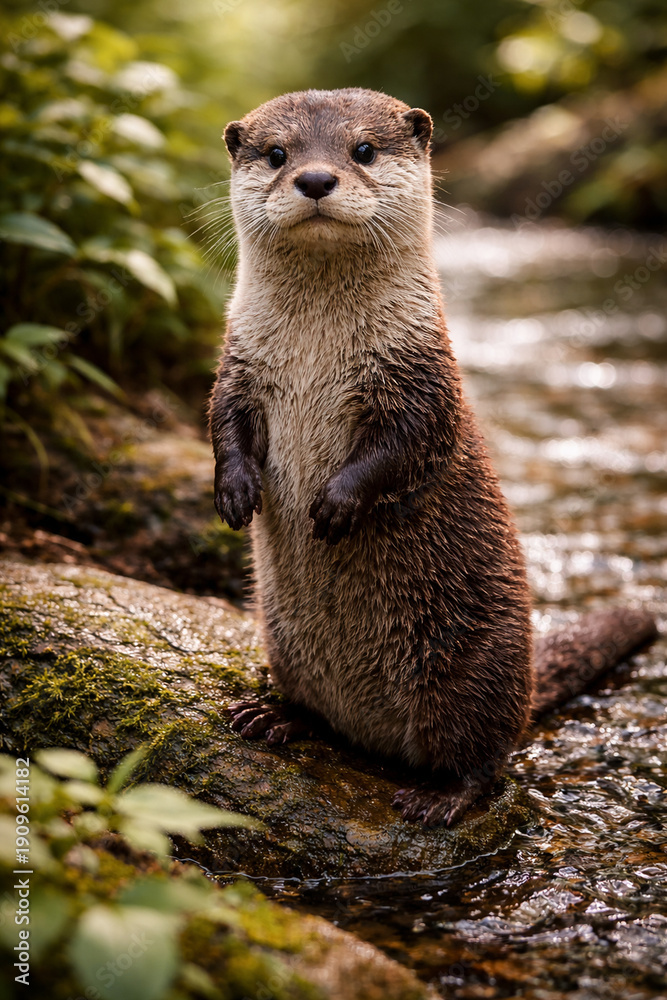 Obraz premium Eurasian Otter in Natural Habitat by Forest Stream