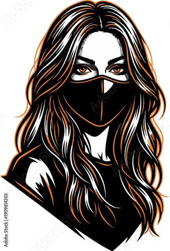 Black Silhouette Woman with Mask and Orange Accent Vector Art